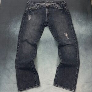 Y2K 2000s Guess Jeans Delmar Mens 34x32 Dark Wash Distressed Straight Leg